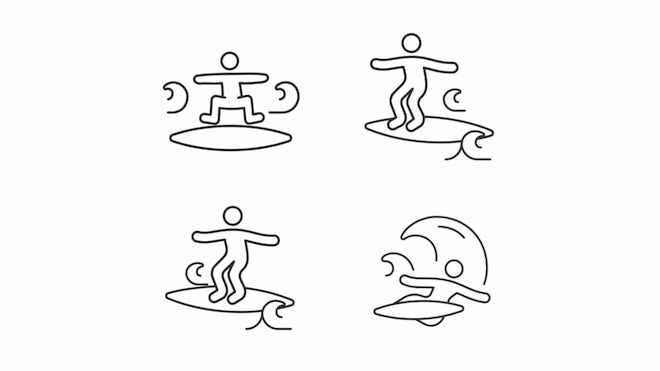 Extreme water sport linear icons set. 360 surfing maneuver