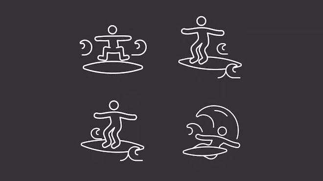 Extreme water sport linear icons set. 360 surfing maneuver