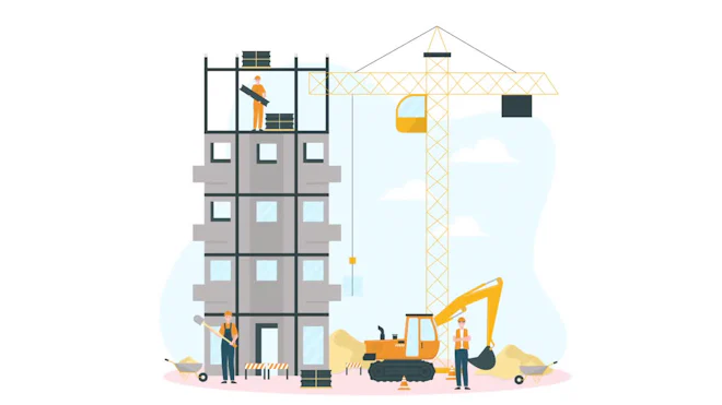 Construction Project Org Animation Construction Site Animated Construction Concept With Workers And