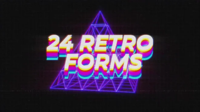 Pack Of 24 Neon Retro Shapes Rotating On Black Loop
