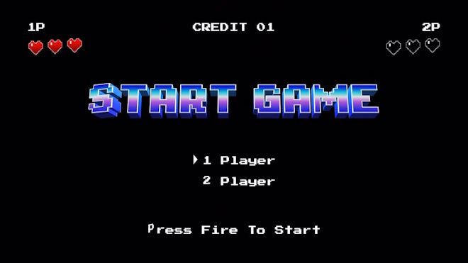 Start Game 8-Bit Retro Arcade Screen On Black - Stock Motion