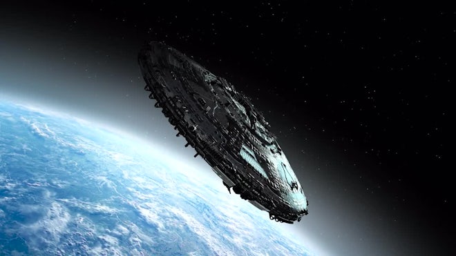 Alien Spaceship Approaching Earth - Stock Video | Motion Array