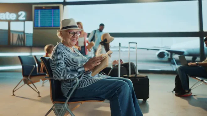 An Elderly Woman Enjoys Her Book While Waiting For A Flight In The Airport Termi by videophilia - Stock Video | Motion Array