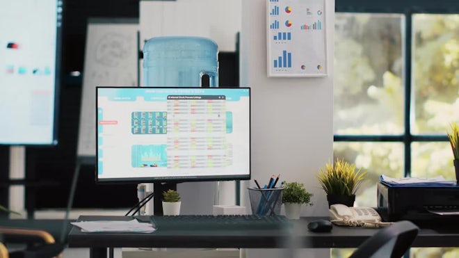 Company Workspace With Nobody In And Business Figures On Computer Monitors - Stock Video | Motion Array
