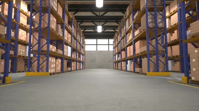 Large Storage Room With Boxes On The Shelves Stock Photo, Picture