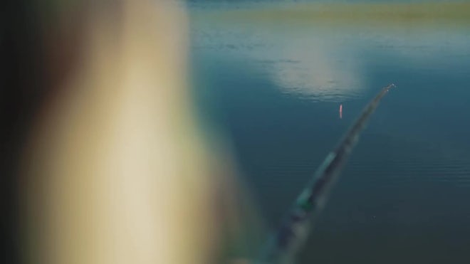 Fisherman Watches Fishing Rod Float Pulls Rod River Water Caught Fish -  Stock Video