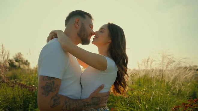 Happy Romantic Loving Couple Man Woman Tender Wife Husband Kiss Guy Hug - Stock Video | Motion Array