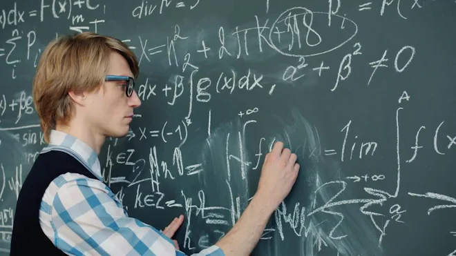 Man Writing Formulas Blackboard Calculations Man In Eyeglasses Holding His Head Next To