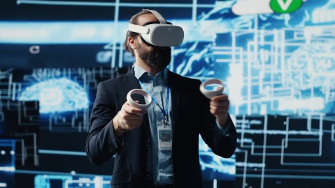 person using VR headset to interact with 3D AI neural network visualization in virtual space