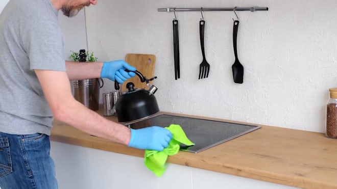 Kitchen utensils on work top, Stock image