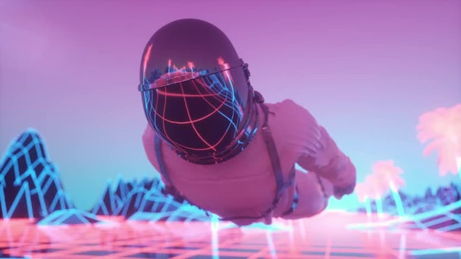 Synthwave spaceman gazing at vibrant space scene