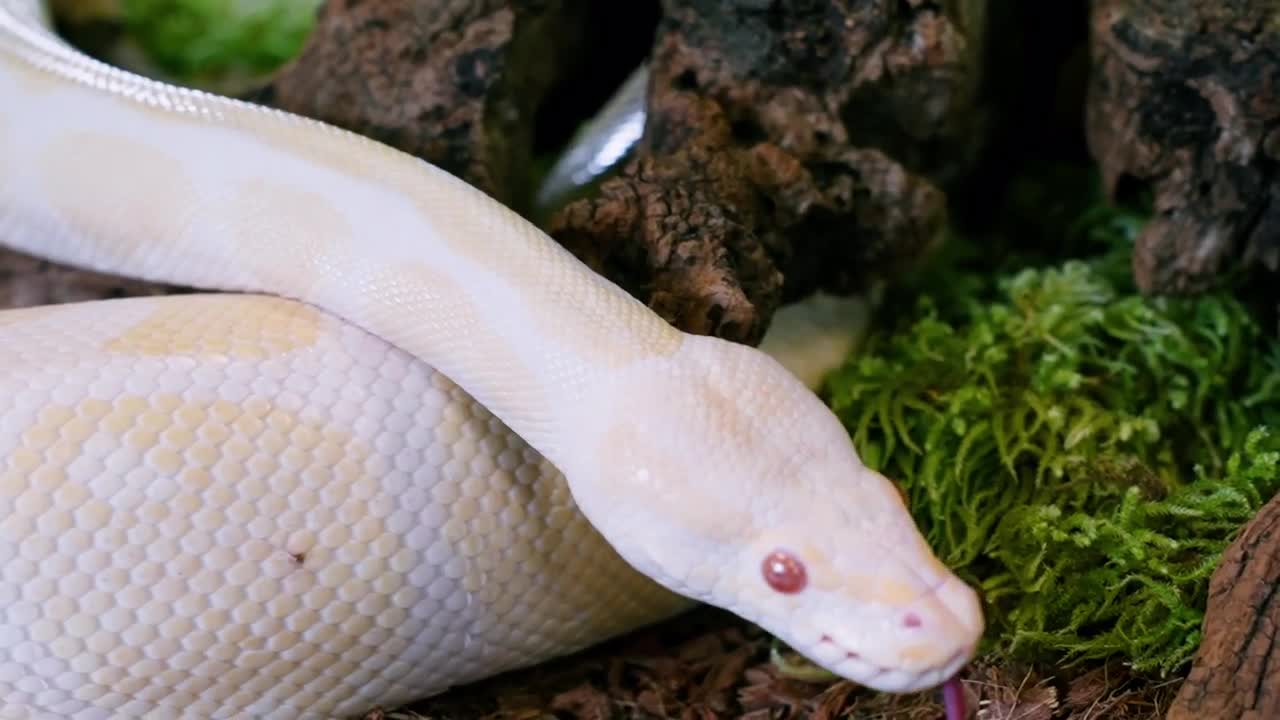Slithering Albino Snake Moving Through Moss In Slow Motion