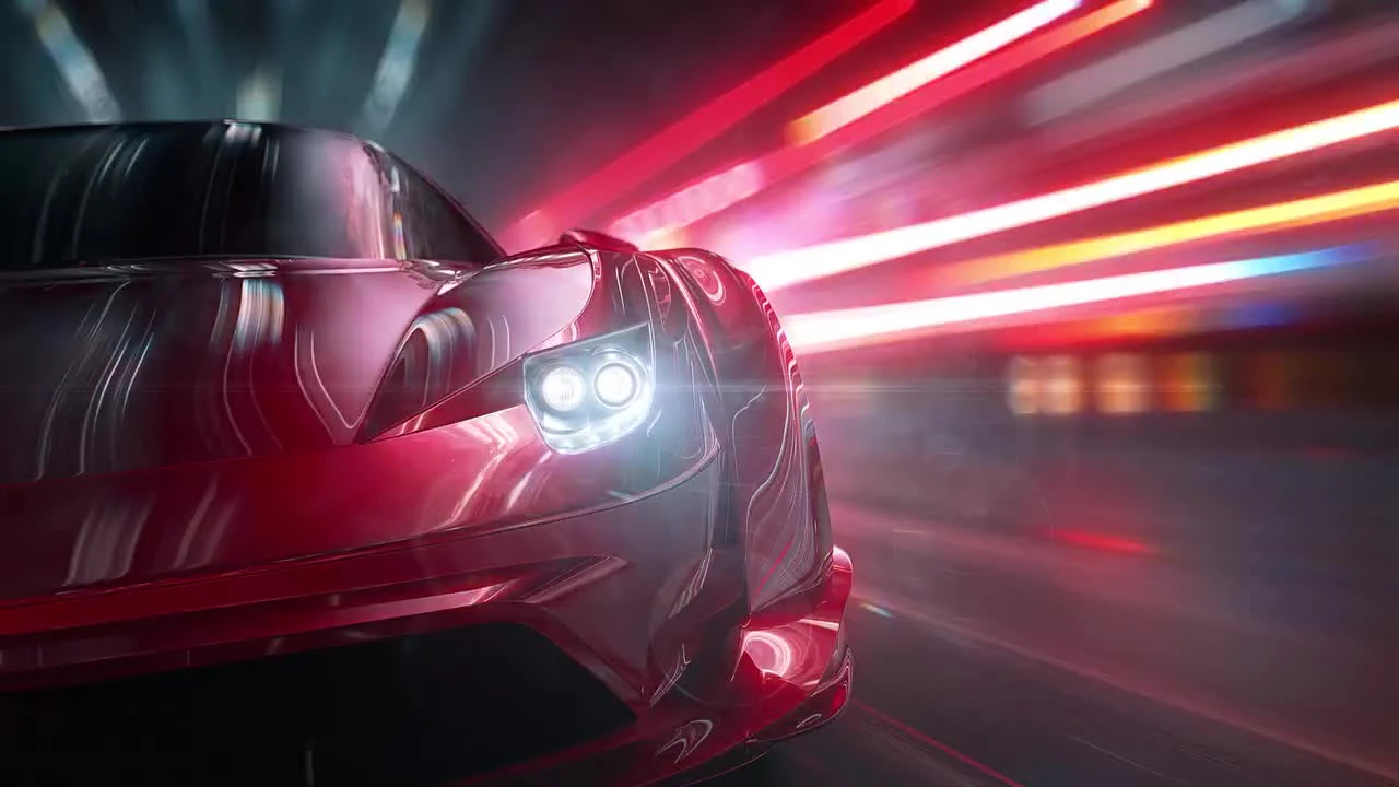 Sleek Red Sports Car Racing At High Speed On Neon Highway. Power