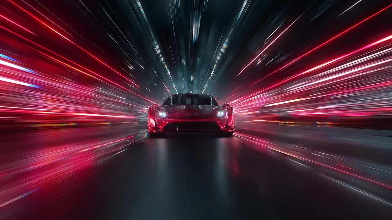 Rear View Of A Red Sports Car Racing At High Speed On Neon Highway
