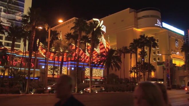 View of Paris Las Vegas and Bellagio Hotel & Casino at night Stock