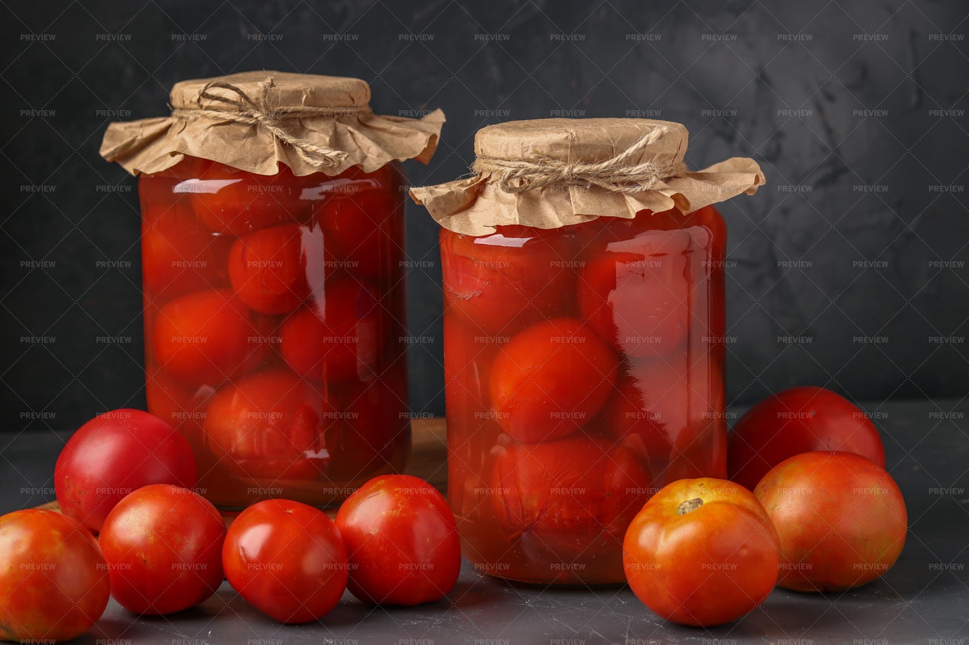 Homemade Salted Tomatoes In Jars: Stock Photos