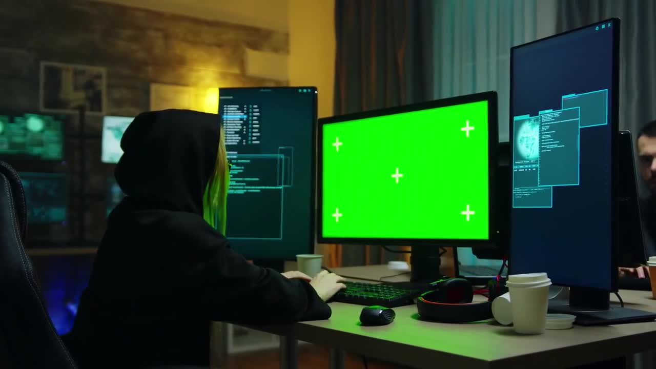 Hacker Girl With Green Screen - Stock Video | Motion Array