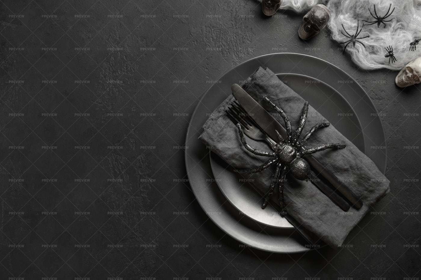 Festive Halloween Black Table Setting: Stock Photos