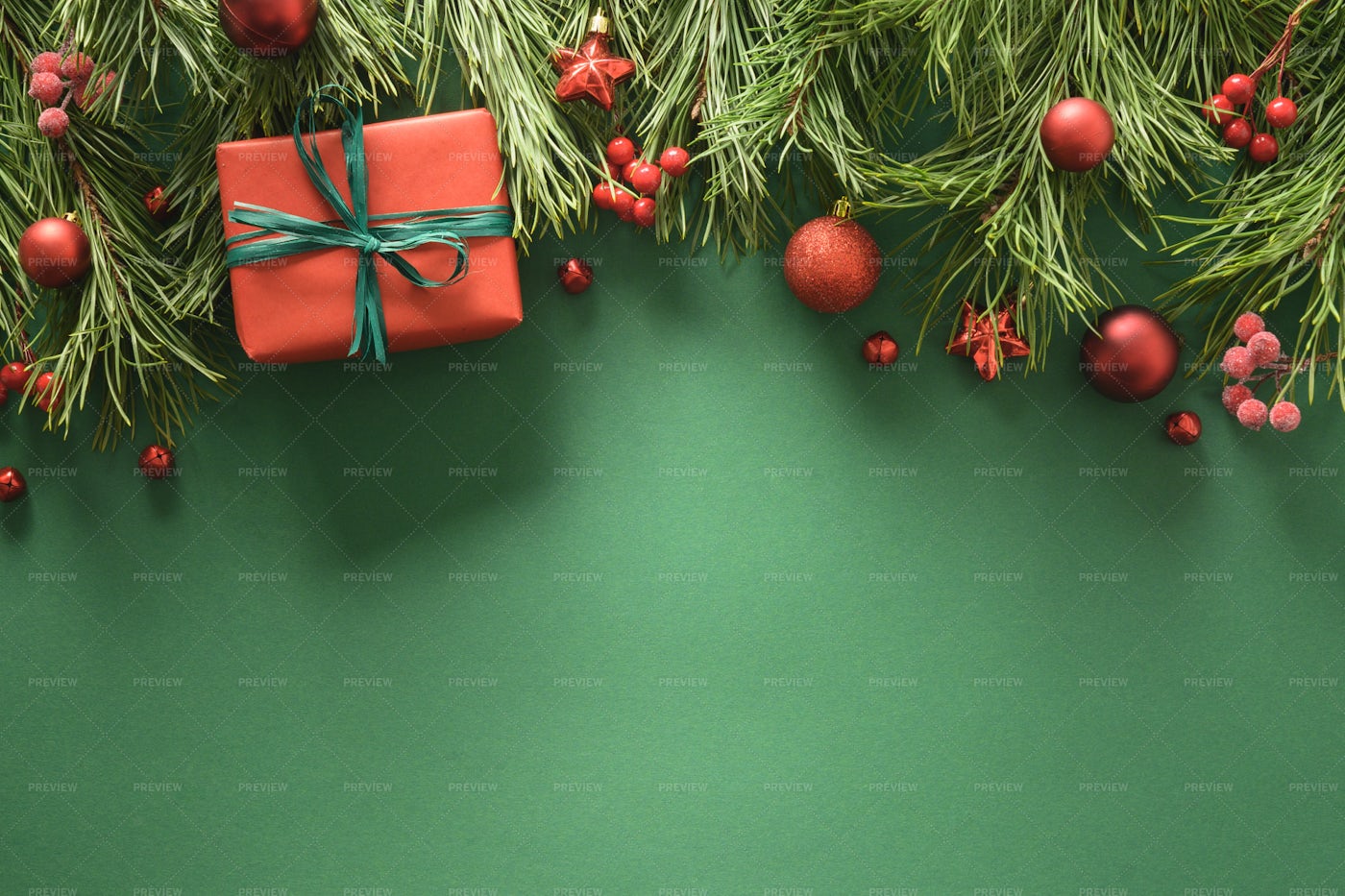 Christmas Frame With Red Gift Box: Stock Photos