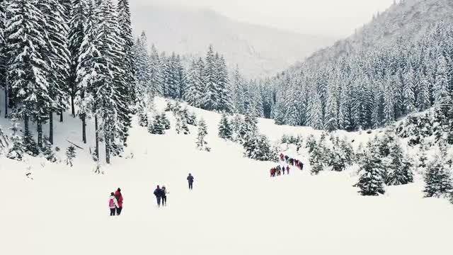 Tourists Walk Up Snowy Mountain: Stock Video