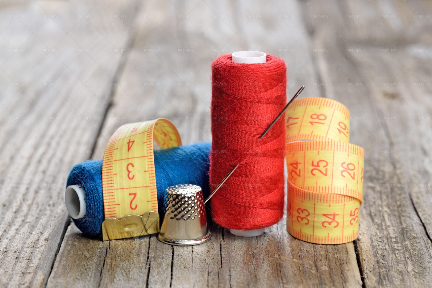 Spools Of Thread, Needle, Measuring Tape: Stock Photos
