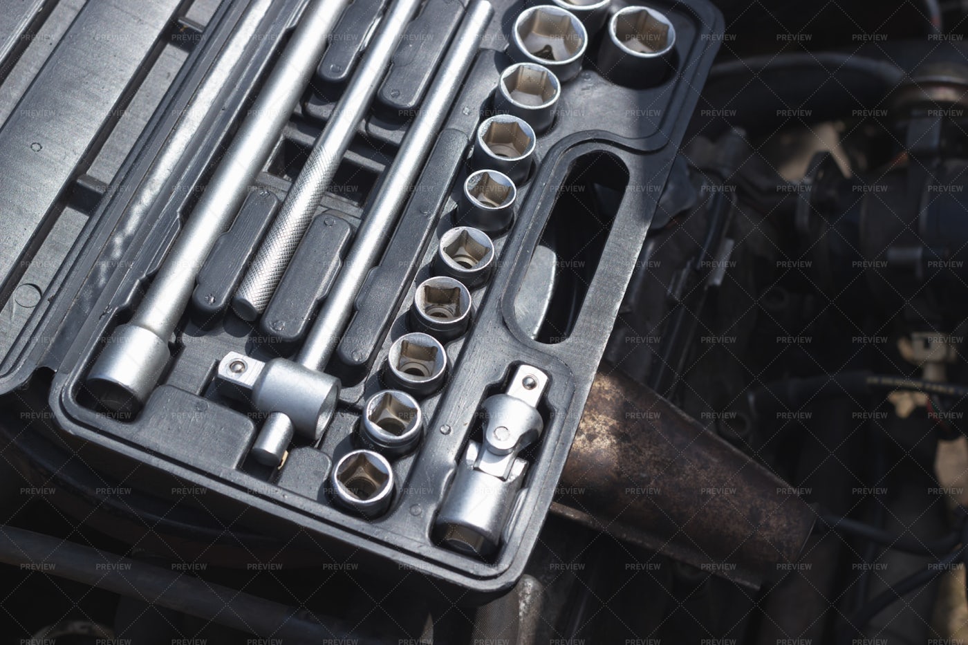 Auto Mechanic's Socket Set Close-Up: Stock Photos