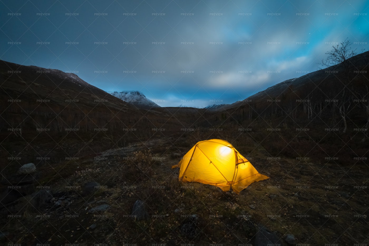 Yellow Tent At Night: Stock Photos