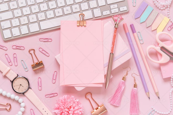 Paper And Pink School Accessories - Stock Photos