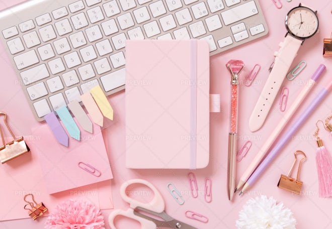 Flat Lay With Pink School Supplies Isolated Free Stock Photo and Image  296437276