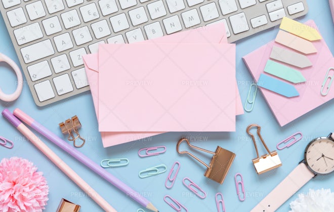 School supplies flat lay, stationery on pink background. Education, Back to  School Stock Photo by rawf8