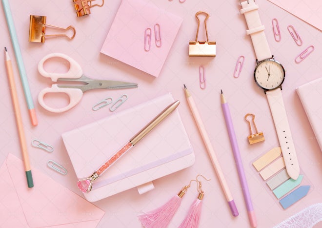 School supplies flat lay, stationery on pink background. Education, Stock  Photo by rawf8