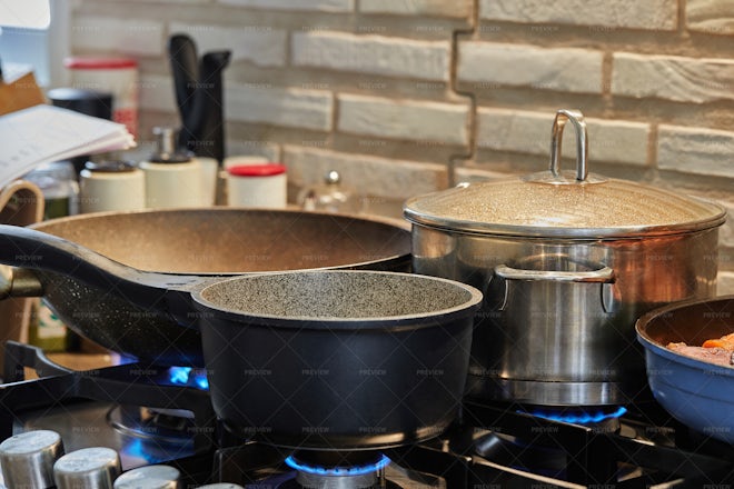 Big Pans For Cooking On The Stoves Stock Photo, Picture and