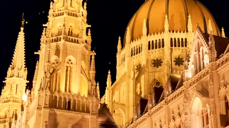 Nighttime Closeup Of Budapest Parliament: Stock Video