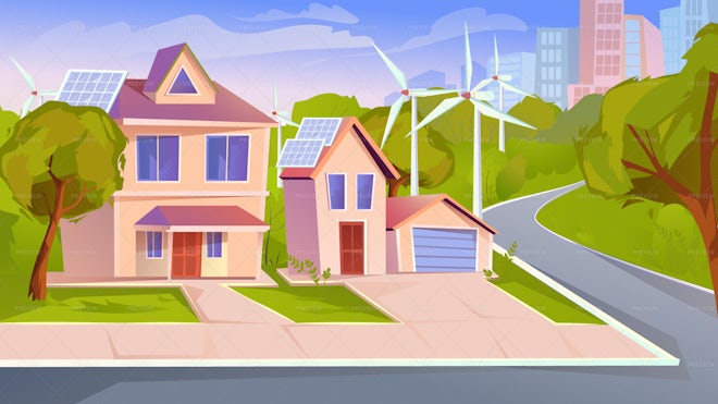 Green Energy Suburb Flat Cartoon - Graphics | Motion Array