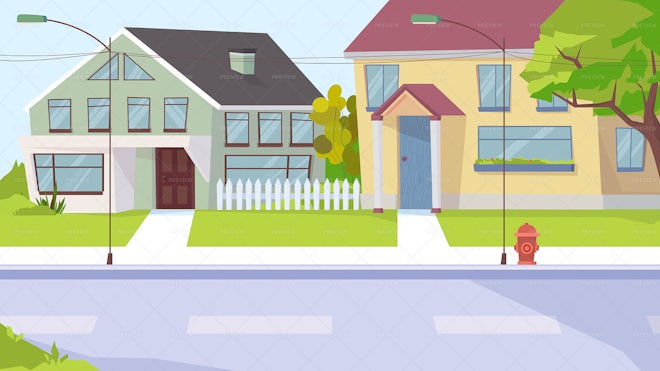 Residential Street Scene Flat Cartoon - Graphics | Motion Array