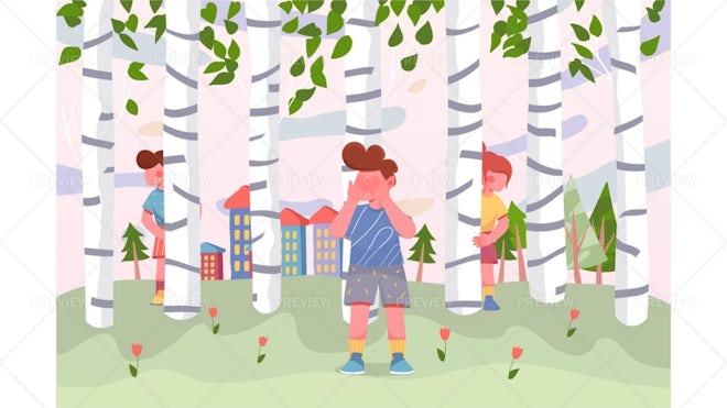 Vector illustration cartoon of children playing hide and seek in