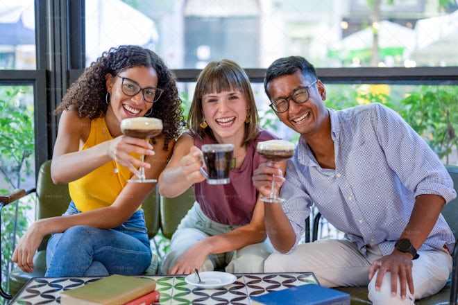 Happy People At Cafeteria Smiling - Stock Photos | Motion Array