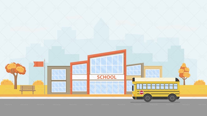 School Building And A School Bus - Graphics | Motion Array