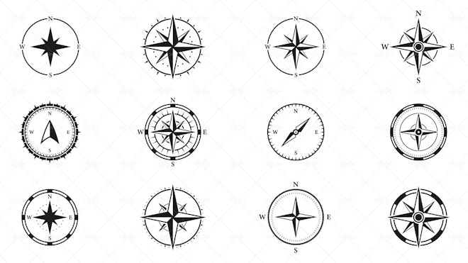 Compass Rose Vector With Eight Wind Directions And 360 Degree