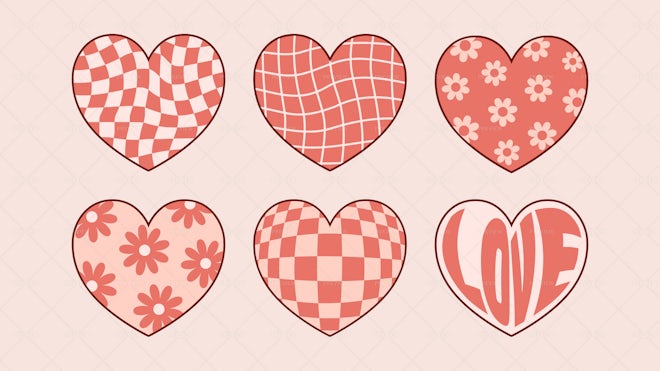 Romantic valentine seamless pattern with hearts. Groovy hippie