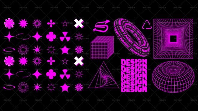 Grade símbolos 3d cartaz futuro wireframe elementos dos anos 90 neon malhas  geométricas padrões de linha y2k futuristas coração e onda cyberpunk forma  caminhos de traçado editáveis conjunto de vetores