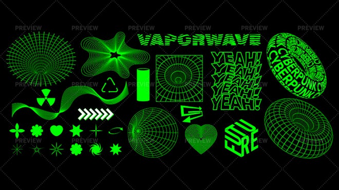 Retrowave design elements in trendy retro cyberpunk 80s 90s style