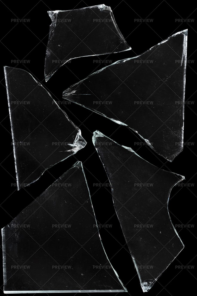 Broken Glass With Sharp Pieces Over Black Stock Photo, Picture and