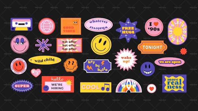 22 Cute Nostalgic 90s Sticker Set, Collection of colorful stickers in 90s  style