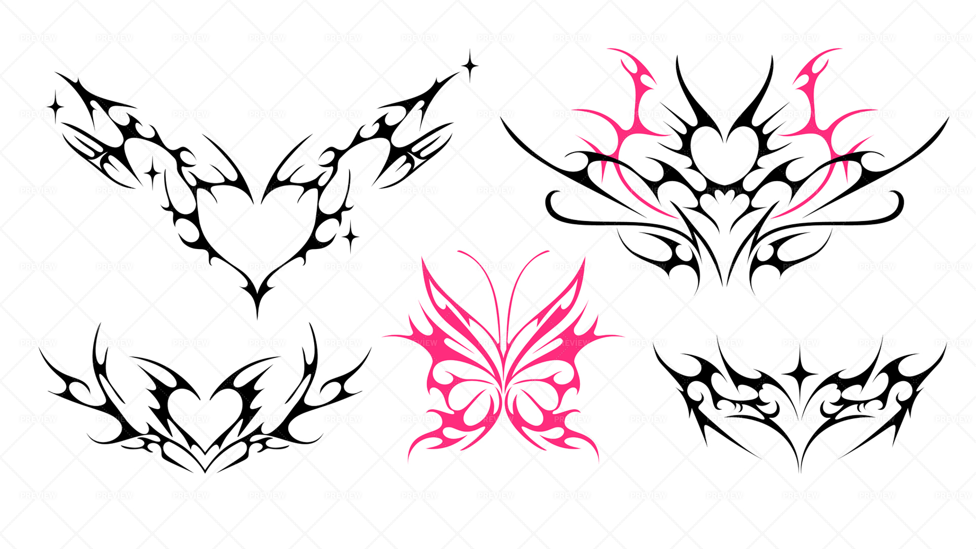 Neo tribal y2k tattoo heart and butterfly shape Cyber sigilism style hand  drawn ornaments Vector illustration of black and pink emo gothic tribal  tattoo designs Stock Vector  Adobe Stock
