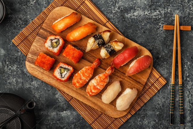 Sushi Set with Sushi, Roll, and Salmon