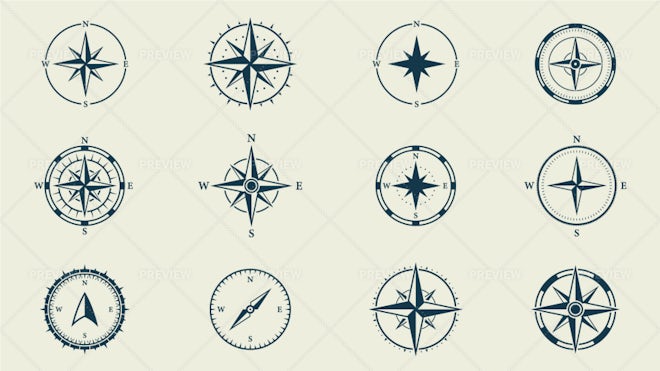 Compass Rose Vector With Eight Wind Directions And 360 Degree