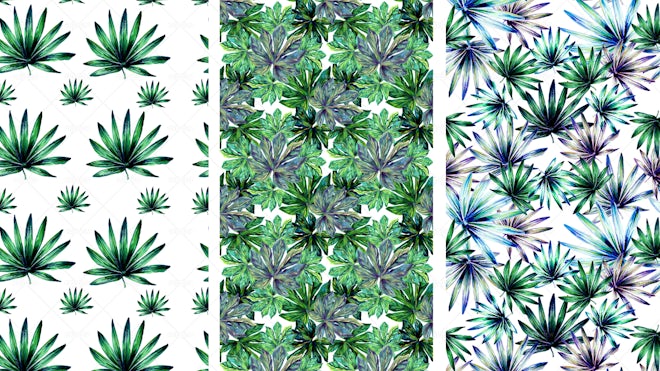 Abstract summer seamless pattern. Watercolor palm tree, leaves, grunge  textures, doodles, brush strokes.…