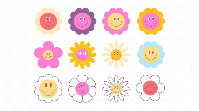 Groovy smiley face blossom hippie flower isolated Vector Image