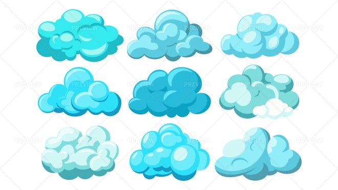 3d render. Random shapes of abstract cotton clouds. Cumulus different views  clip art isolated on white background. Stock Photo